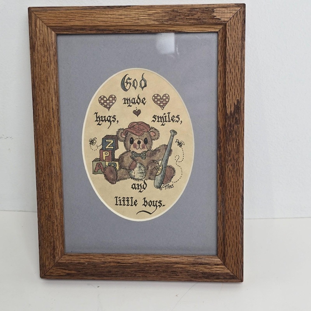 Vtg 1985 Lynn Calligraphy Print Little Boys Teddy Bear Framed Wood Cottagecore